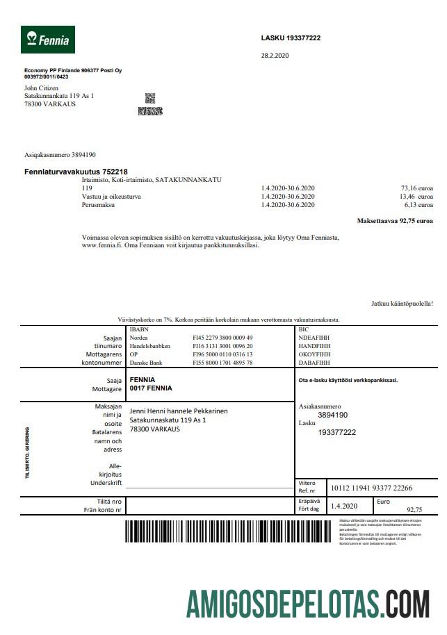 Em branco modelo de fatura da companhia de seguros Fennia da Finlândia em formato Word e PDF